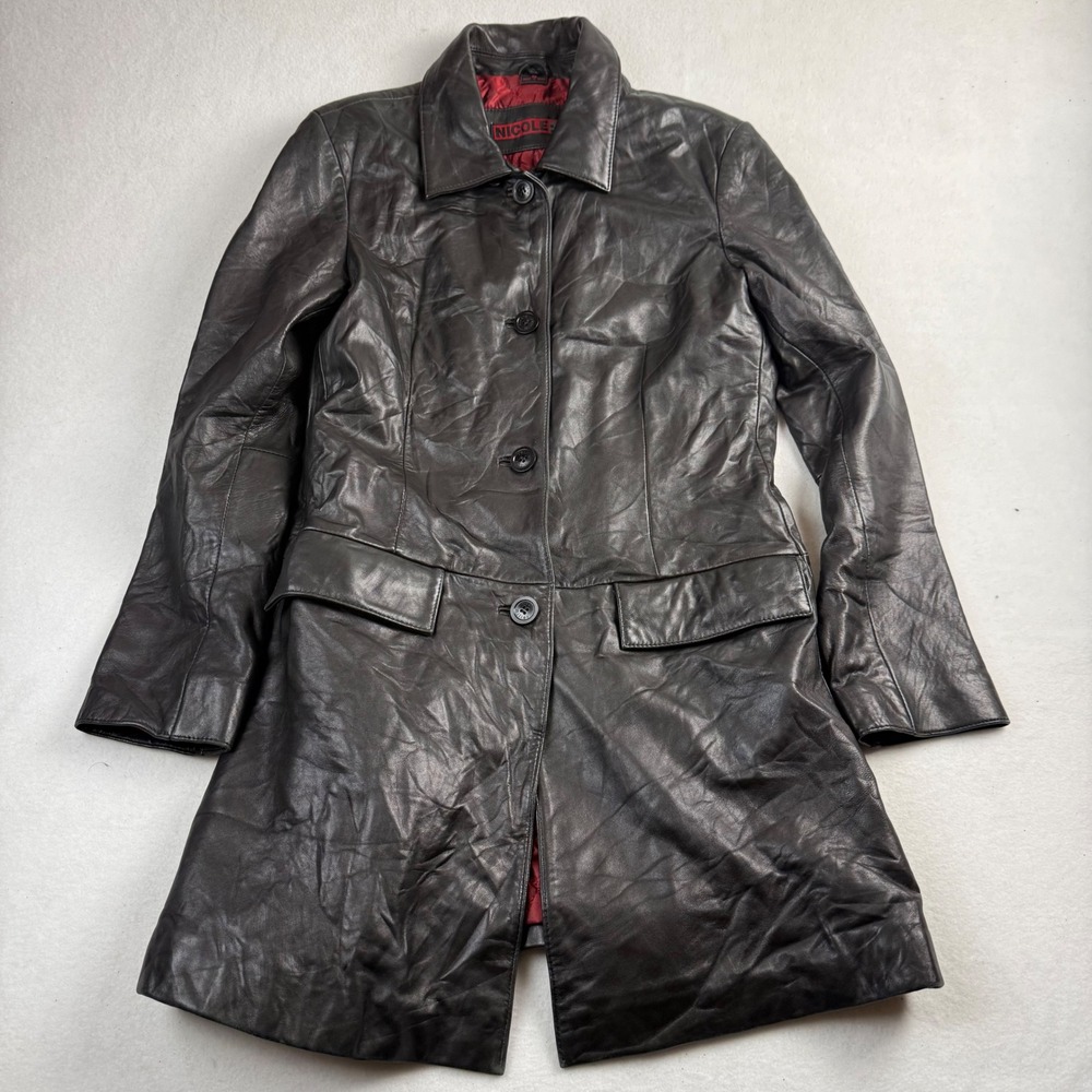 Nicole Miller New York Black‎ Leather Trench Coat Red Quilted Lining Small